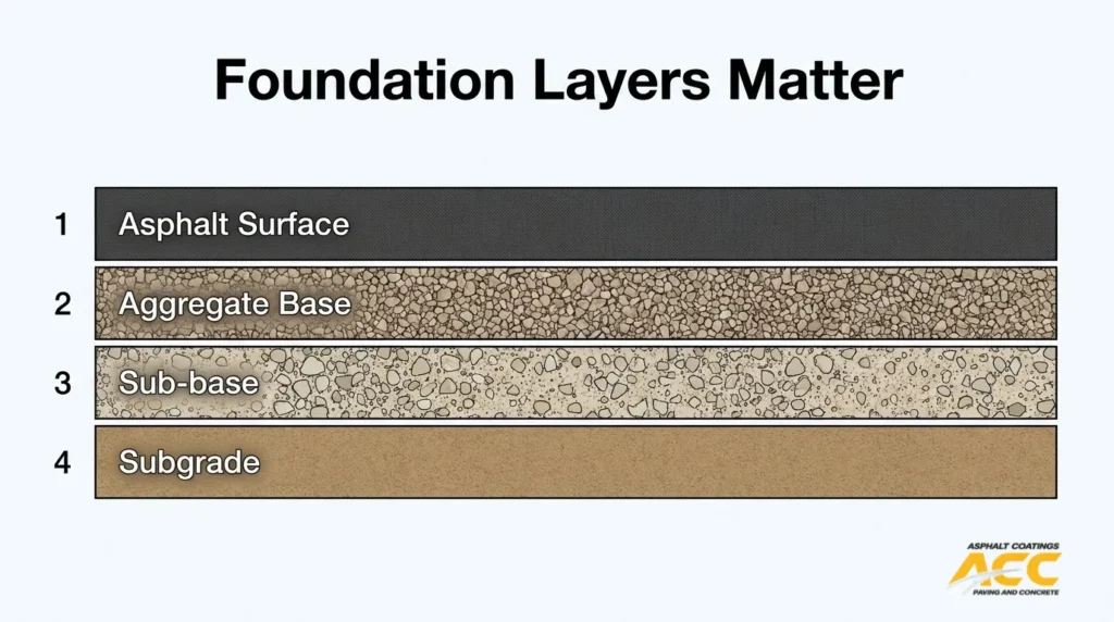 Commercial pavement foundation layers showing asphalt surface, aggregate base, sub-base, and subgrade.