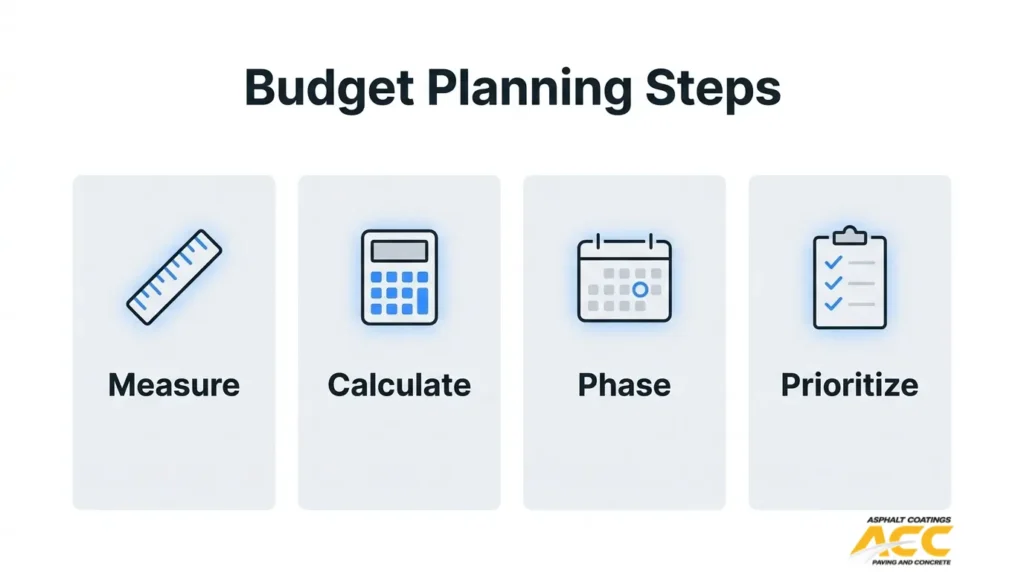 Commercial paving budget planning steps showing how to measure, calculate, phase, and prioritize driveway and entrance apron work.