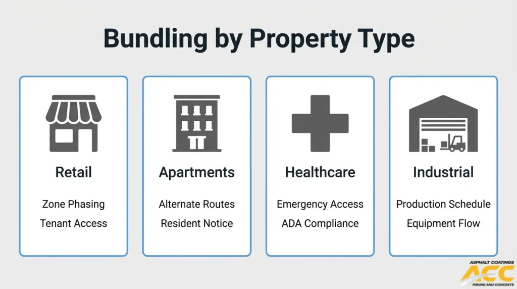 Infographic comparing bundled sealcoating and parking lot striping considerations for retail centers, apartment complexes, healthcare facilities, and industrial properties.