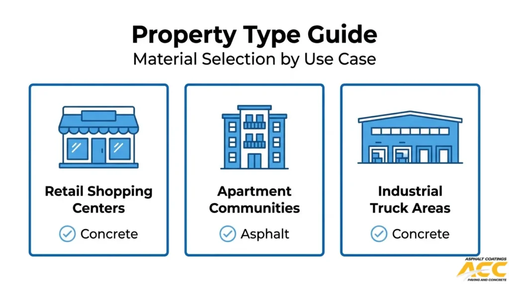 Infographic recommending concrete curbs for retail shopping centers and industrial truck areas and asphalt curbs for apartment communities based on property use.