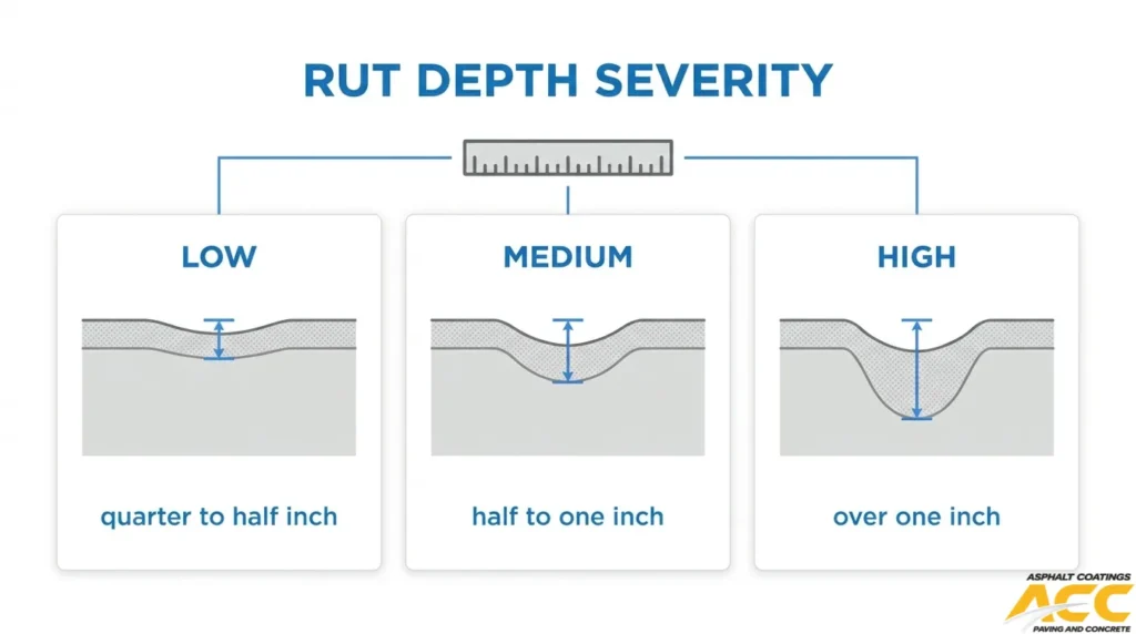 Infographic comparing asphalt rutting severity levels: low rut depth of ¼ to ½ inch, medium rut depth of ½ to 1 inch, and high rut depth exceeding 1 inch.