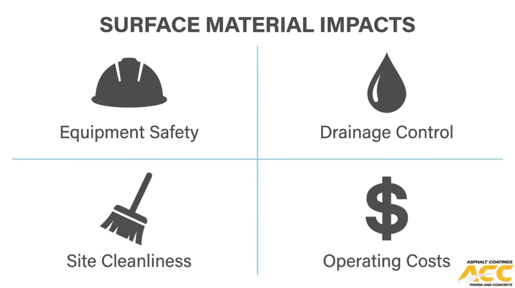 Infographic highlighting four factors affected by laydown yard surface materials: equipment safety, drainage control, site cleanliness, and operating costs.